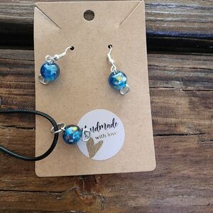Handmade Blue Glass bead Necklace and Earrings Set